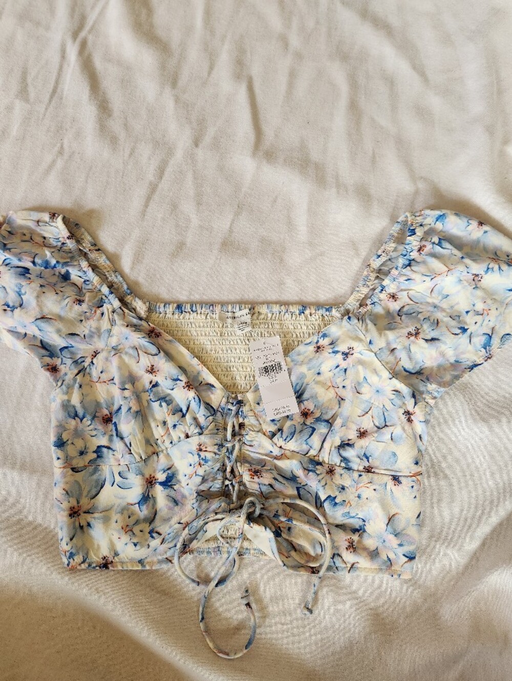 NWT American Eagle Blue Floral Smocked Puff Sleeve Crop Top Women's Small
